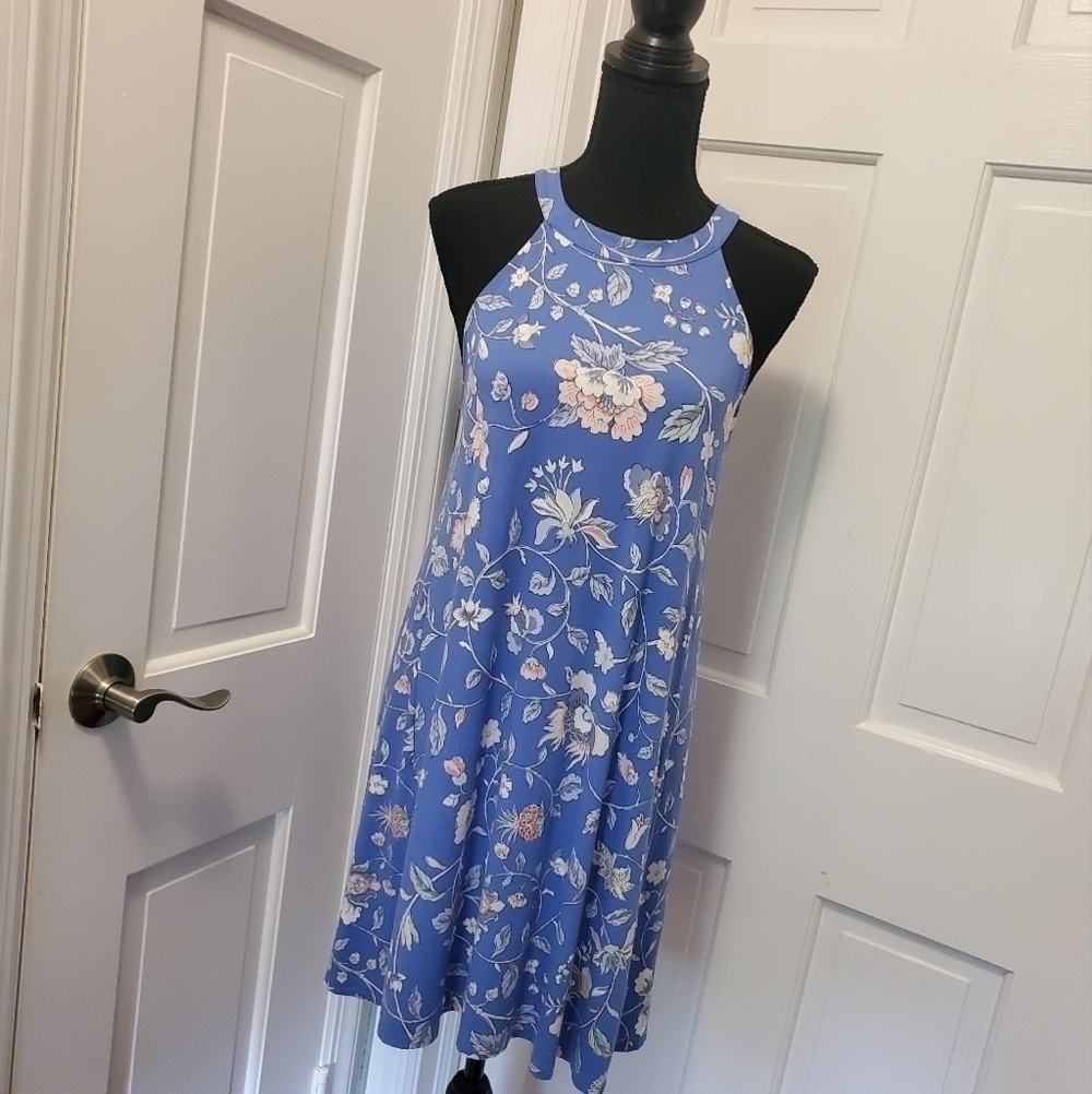 LOFT Floral Cutout Back Halter Swing Knit Dress Size Petite Medium - Picture 2 of 11